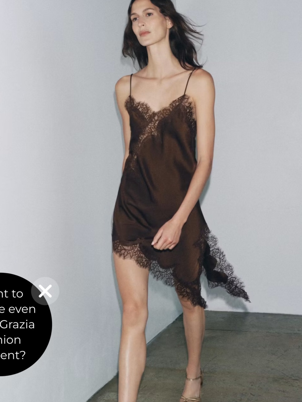 Zara Brown Satin Lace-Trim High-Low Slip Dress